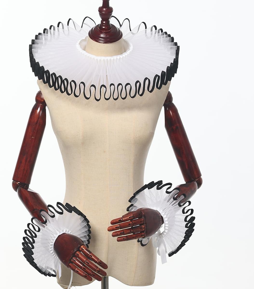 Renaissance Victorian Ruffle Collar and Wrist Cuffs Set Organza Colonial Clown Choker Neck Collar Cuff - Image 3