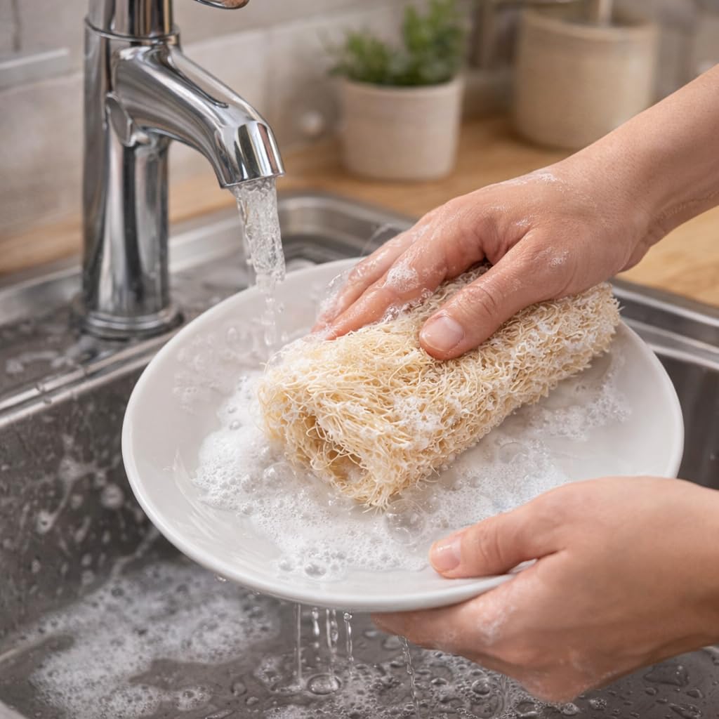 Naturalna gąbka do mycia naczyń z luffa – biodegradowalna, opakowanie 10 szt. – naturalne gąbki luffa – gąbki kuchenne wielokrotnego użytku do naczyń i powierzchni – przyjazne dla środowiska