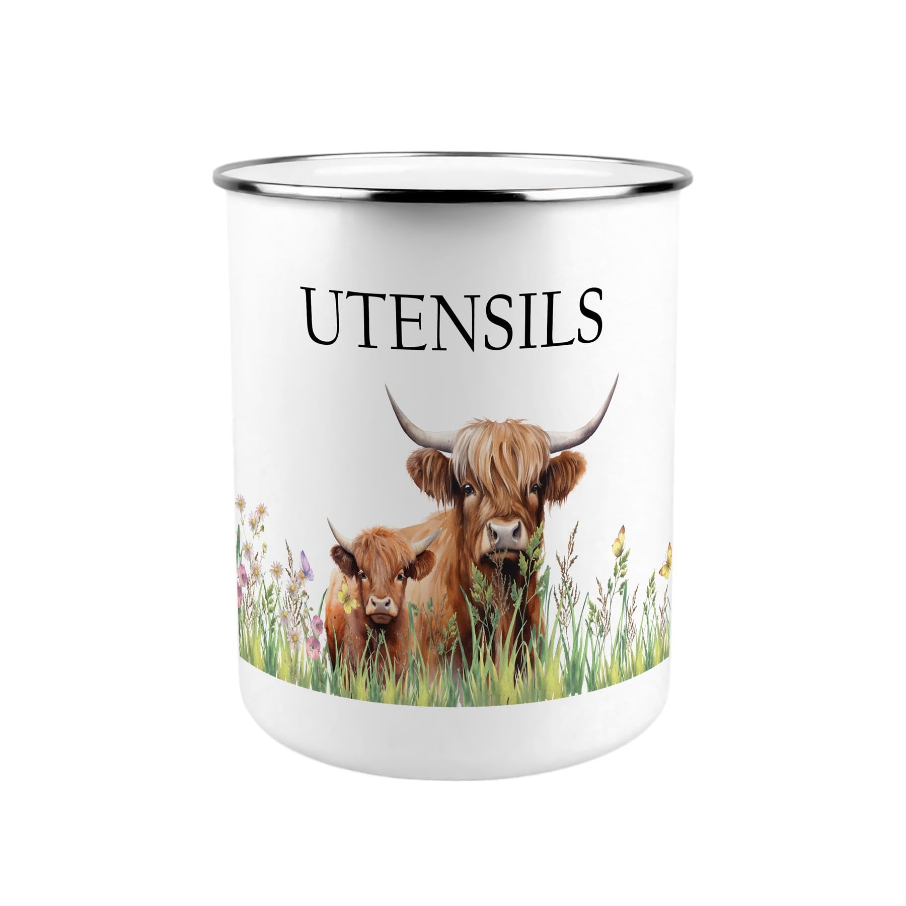 Purely Home Highland Cow & Calf Metal Utensil Holder - XL Kitchen Utensil Pot/Organiser for Countertop Decor Gift 18x16.5cm