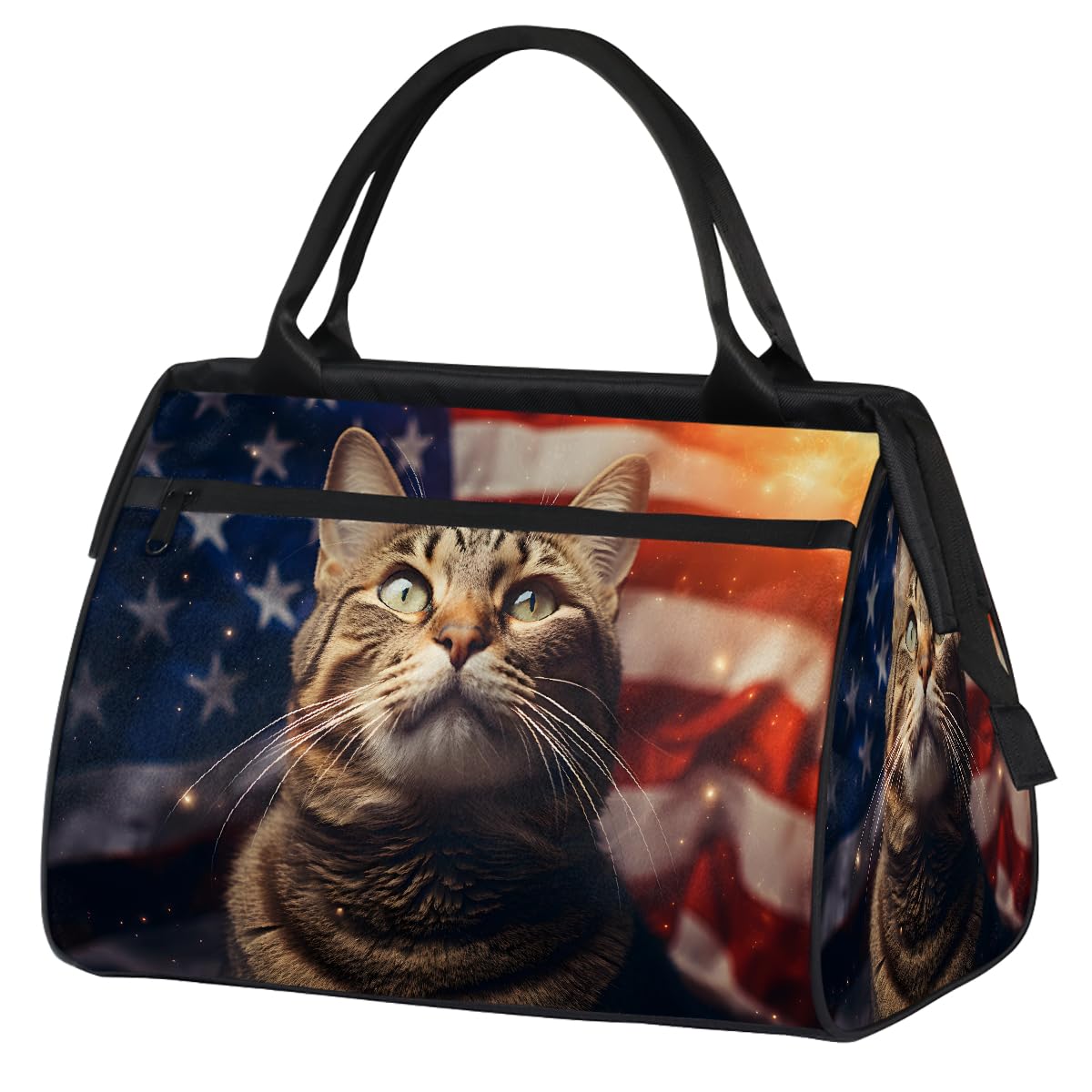 Borsa da palestra con gatto con bandiera americana del 4 luglio per uomini e donne, borsone sportivo da viaggio impermeabile per il fine settimana borsa da notte leggera da portare a mano
