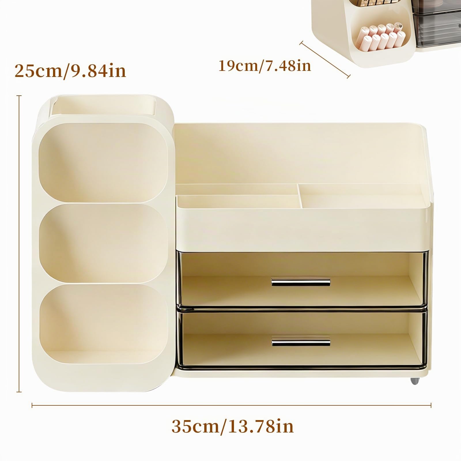 Organizzatore per Trucchi con 2 Cassetti, Organizzatore Multifunzione 3 in 1, Organizzatore per Toeletta, Bagno e Camera da Letto, Bianco Latteo
