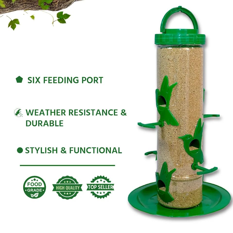 Image of Bird Feeder for Garden Balcony - Large 1kg Transparent Hanging Food Station for Wild Birds - 6 Port Weatherproof Seed Dispenser - Ideal Gift for Bird Lovers, Easy to Fill & Clean Design