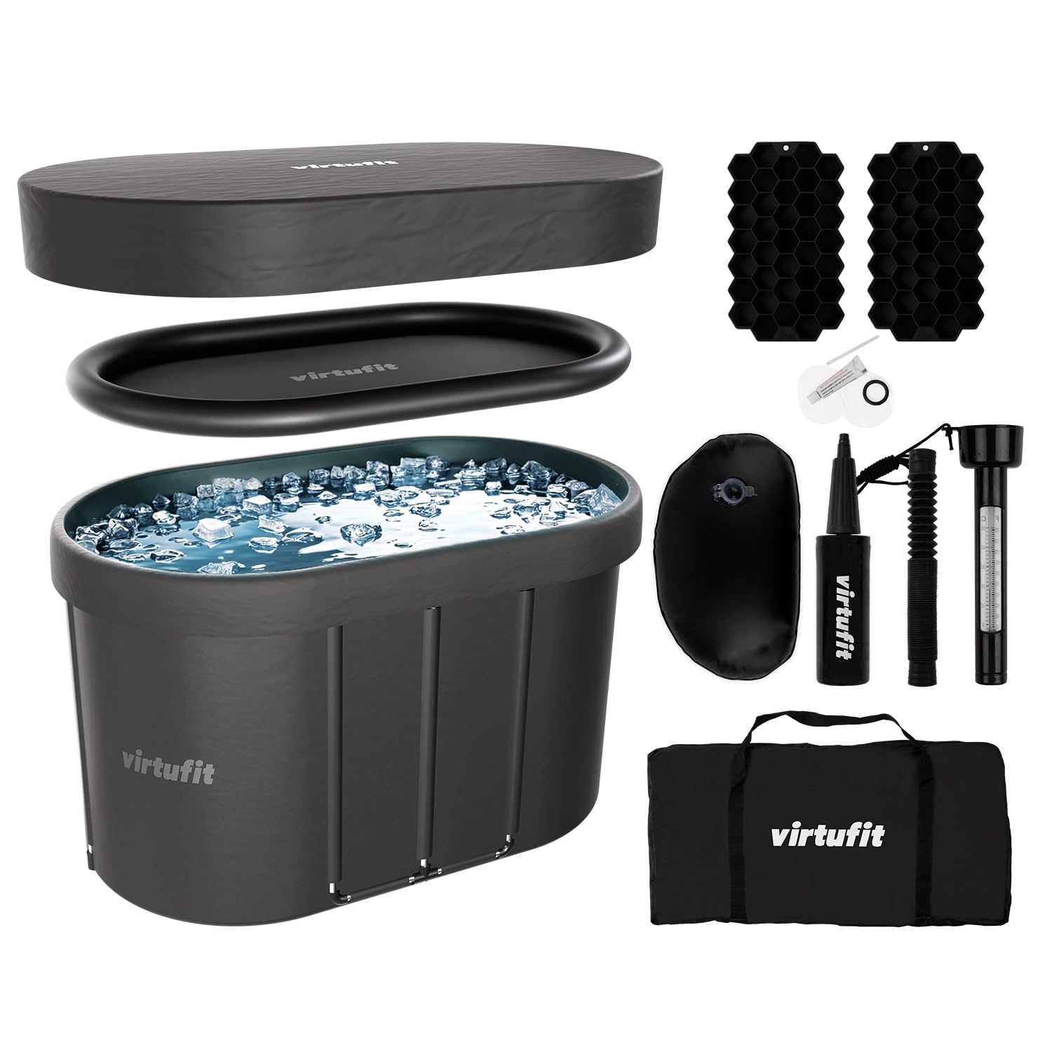 VirtuFit Baño de hielo ovalado de 500 l – Piscina de agua fría Ice Bath para regeneración y recuperación muscular, plegable, aislamiento de 5 capas, incluye accesorios, exterior e interior, antracita