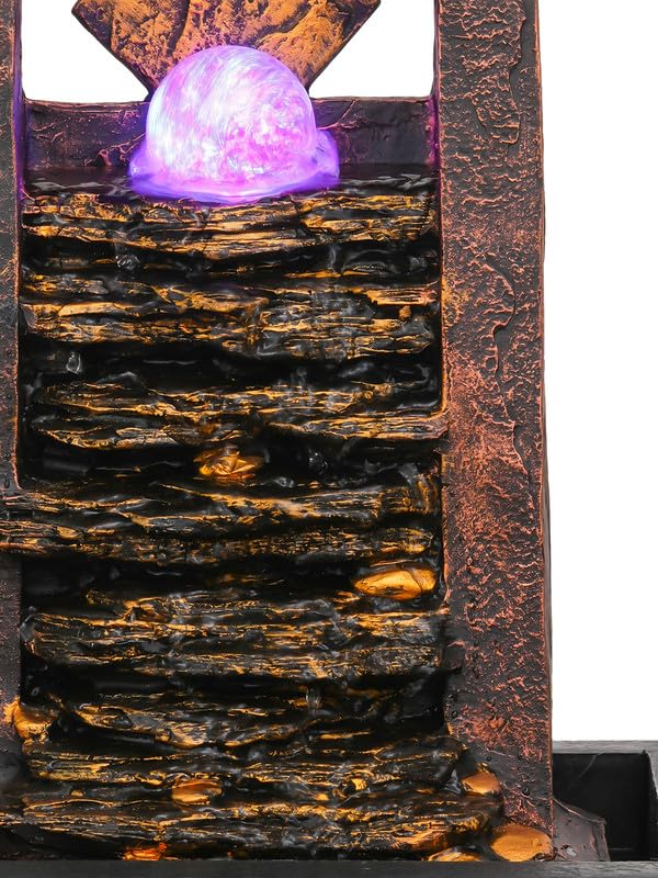 Image of Polyresin Golden Brown Table Top Indoor Waterfall Fountain for Home Decor with Yellow LED, Speed Controller Pump & Crystal Ball (Size: 40.5 x 29.5 x 22CM | Weight: 2240grm)