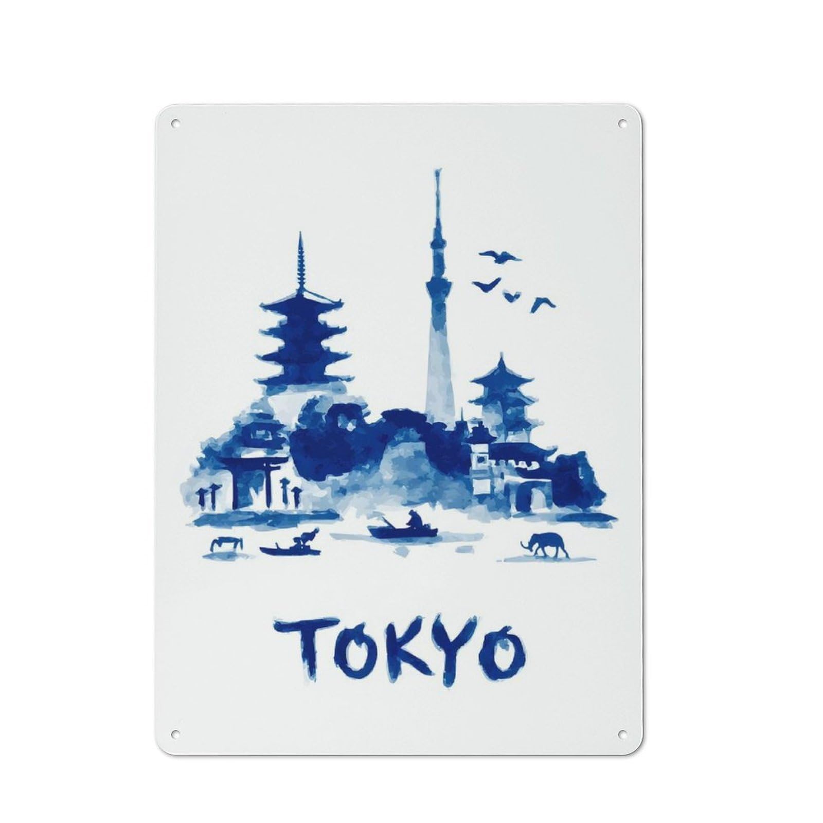Tokyo Watercolor Skyline Printed Metal Sign 40x30cm for Living Room Wall, for Home Wall Decor Collectors, for Retro Home Interiors