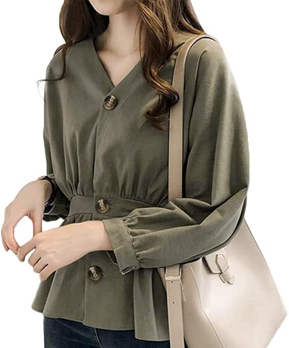 Amazon Yofu ヨフ ブラウス レディース Vネック ブラウス ハイウエスト パフスリーブ ウエストマーク シャツ 無地 ボリュームタック袖 前開き トップス オフィスカジュアル 長袖 ブラウス 大きいサイズ 女性 春夏秋 キレイめ 大人 M グリーン シャツ ブラウス 通販