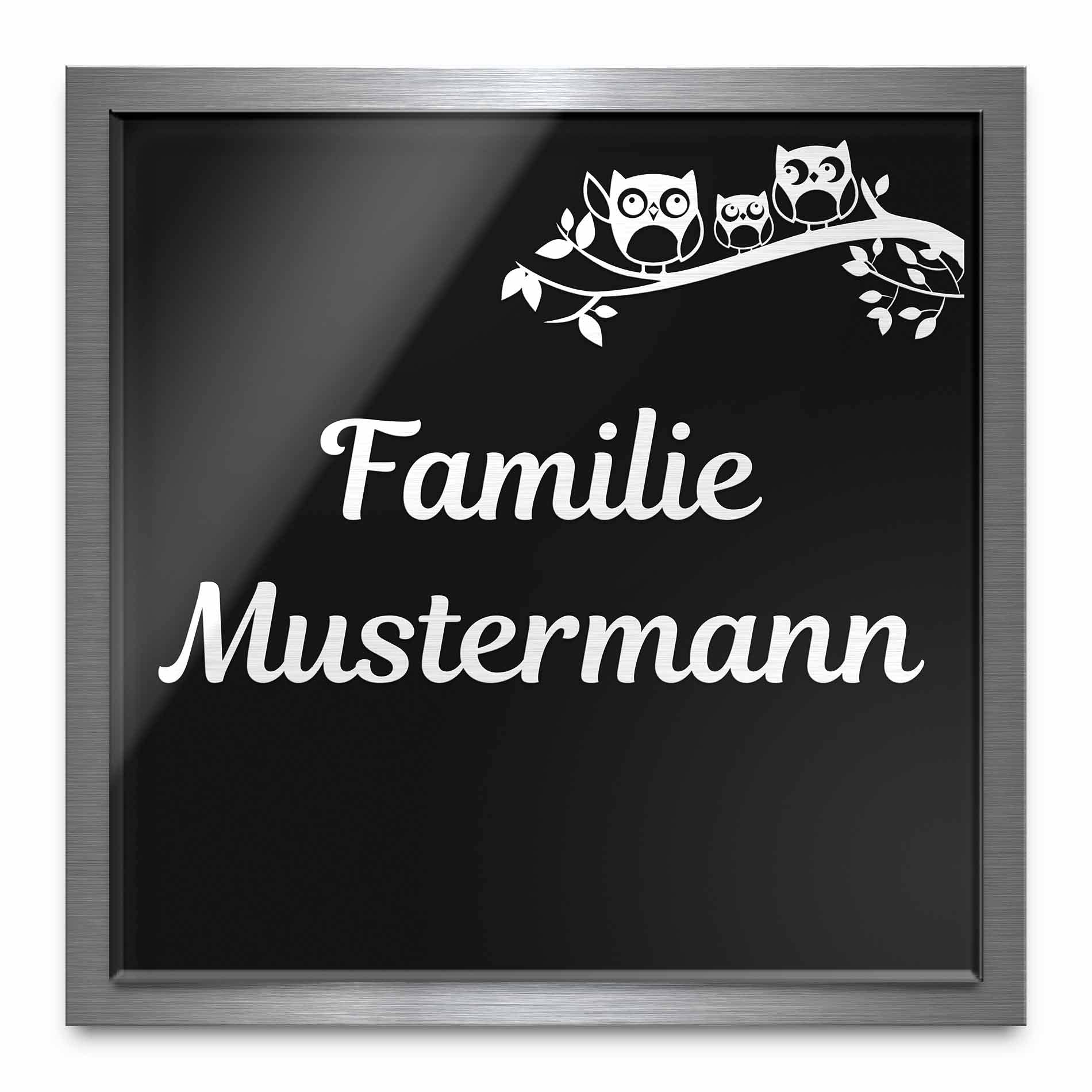 Premium Türschild aus Hochglanz Acrylglas und V2A Edelstahl | Namensschilder mit Gravur und Motiven Familienschild Türschilder für die Haustür mit Namen selbstklebend oder mit Bolzen 22x22 cm