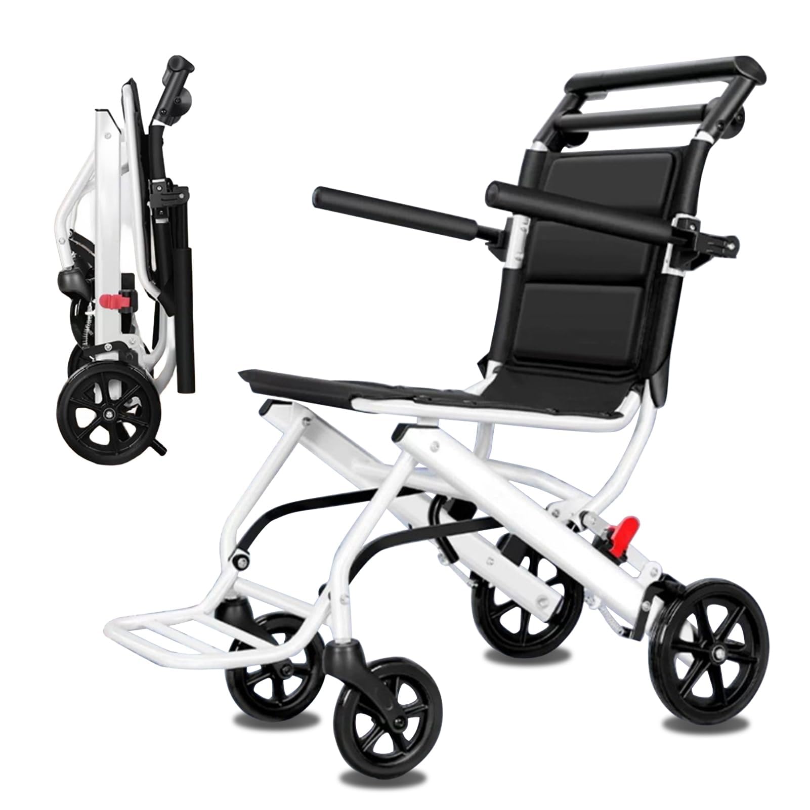 Chantier roulant de transport pliant léger, petit fauteuil voyage portable avec sangle sécurité réglable, freins à main verrouillage, cadre en alliage aluminium, roues PU, charge 100KG
