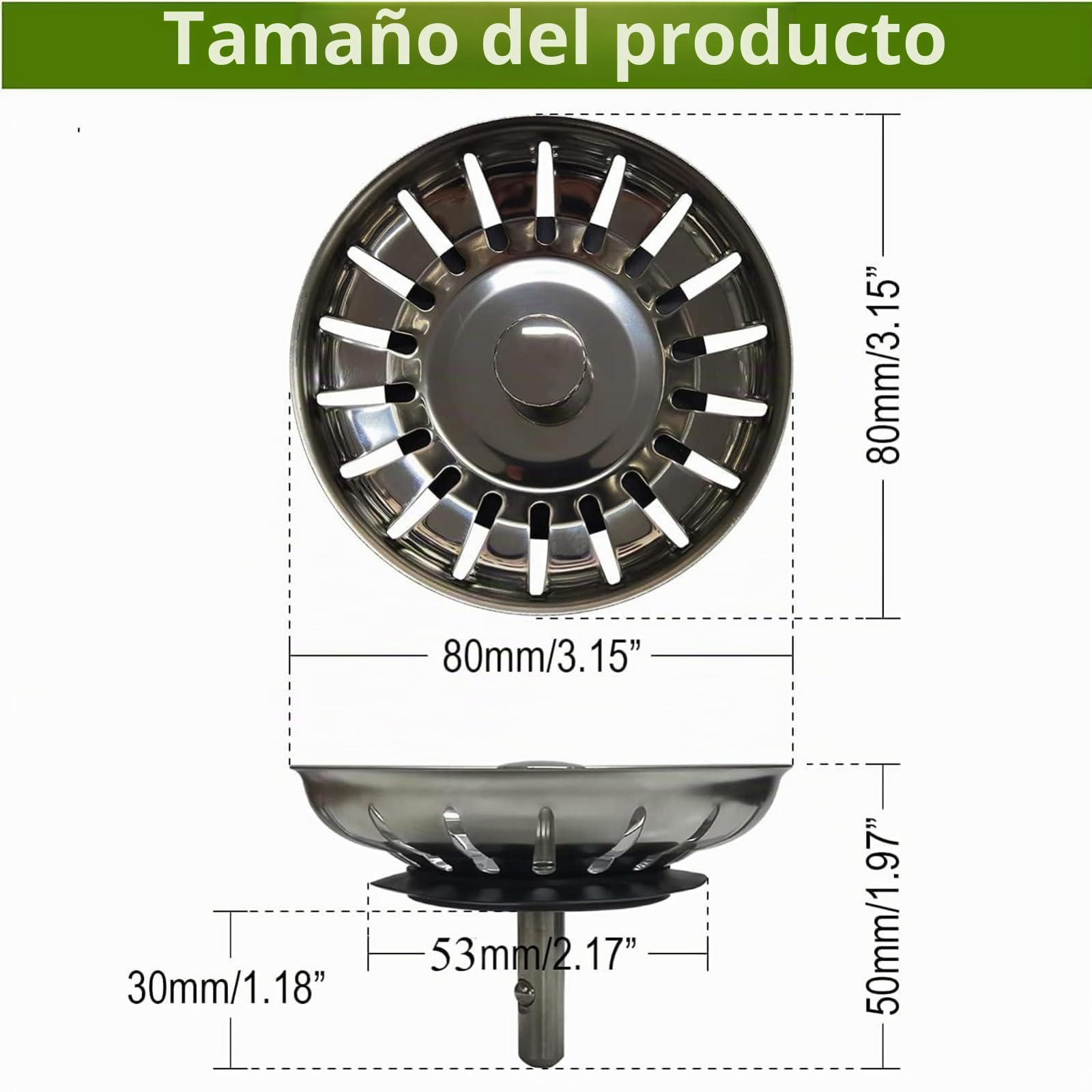 Paquete de 2 tapones coladores de fregadero de cocina, tapón de repuesto de acero inoxidable para atrapador de alimentos/pelo, diámetro del agujero del fregadero del Reino Unido 80 mm