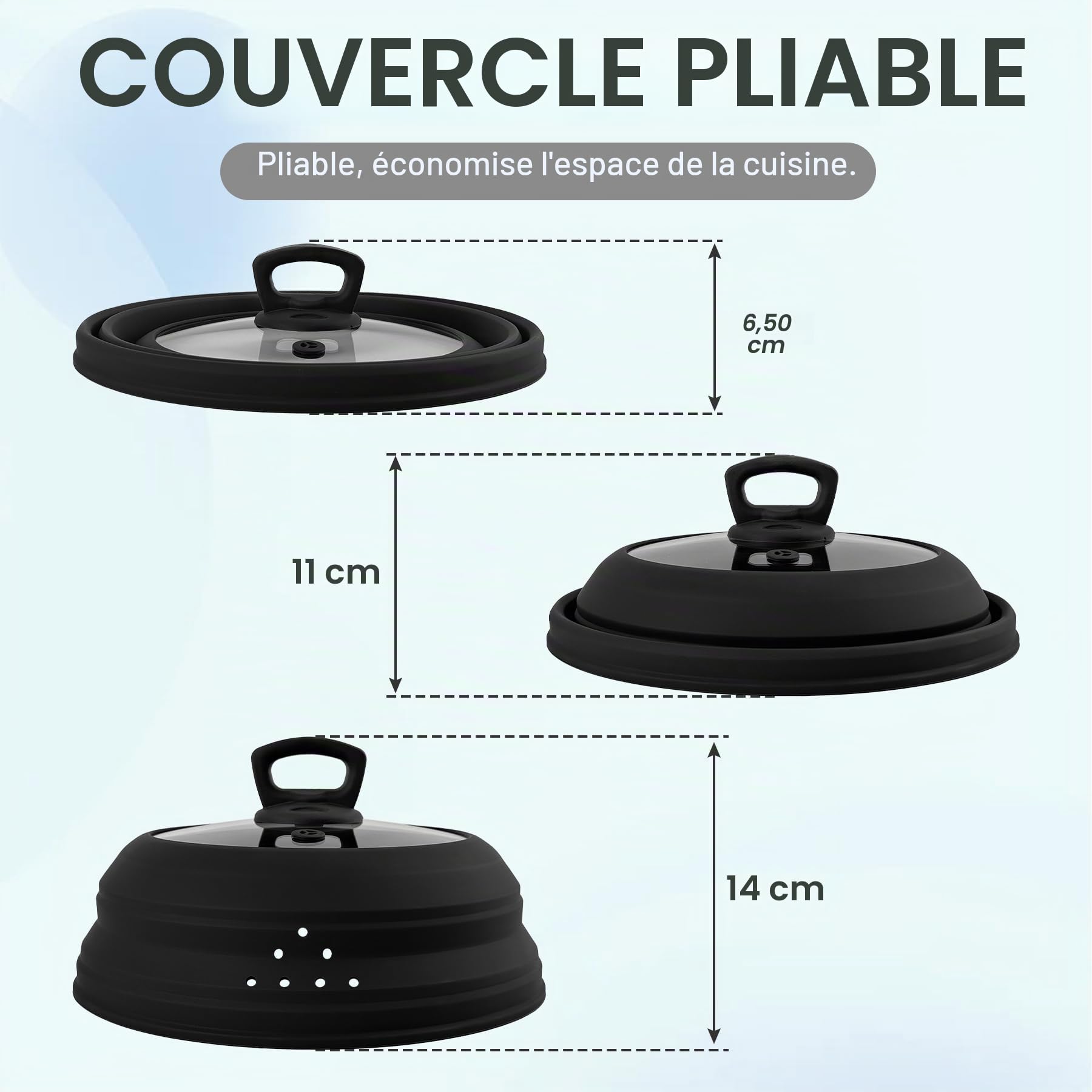 Couvercle anti-éclaboussures pour micro-ondes en verre de 26,7 cm avec poignée, couvercle pliable en silicone pour micro-ondes avec aération de vapeur pour assiette, casserole, bol (noir)