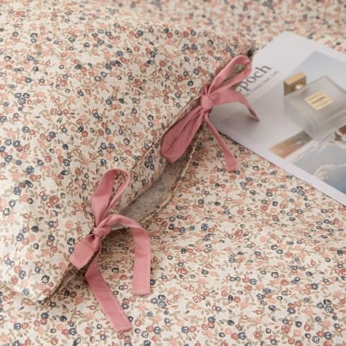 Image of Pink Floral Comforter Set King, Aesthetic Botanical Flowers Comforter with 2 Bow Ties Pillowcases, Lightweight Cute Girls Floral Bedding Comforter Vintage Cottagecore Comforter Set for All Season