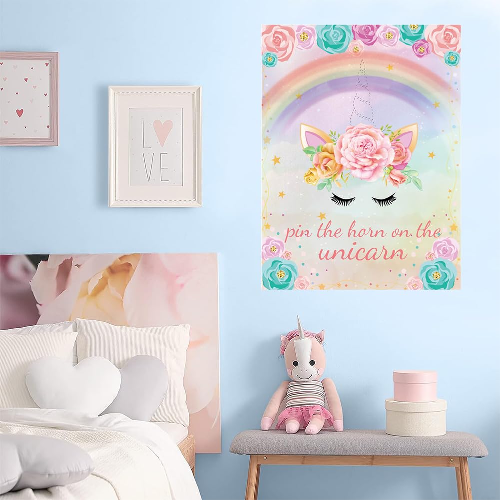 Pin The Horn On The Unicorn Party Gioco,Interattivo Unicorno A Tema Gioco Decorazioni Kit,Con 24 Corna Poster Maschera Per Gli Occhi, Per Feste Di Compleanno Per Bambini