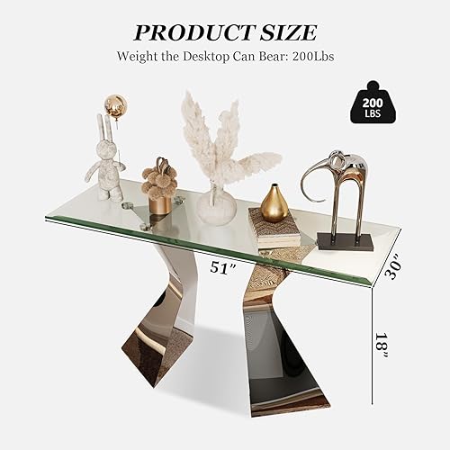 Miniatura 2 de Mesa consola plateada y de vidrio, mesa de entrada de 51 pulgadas con parte superior de vidrio transparente templado, patas de acero inoxidable,