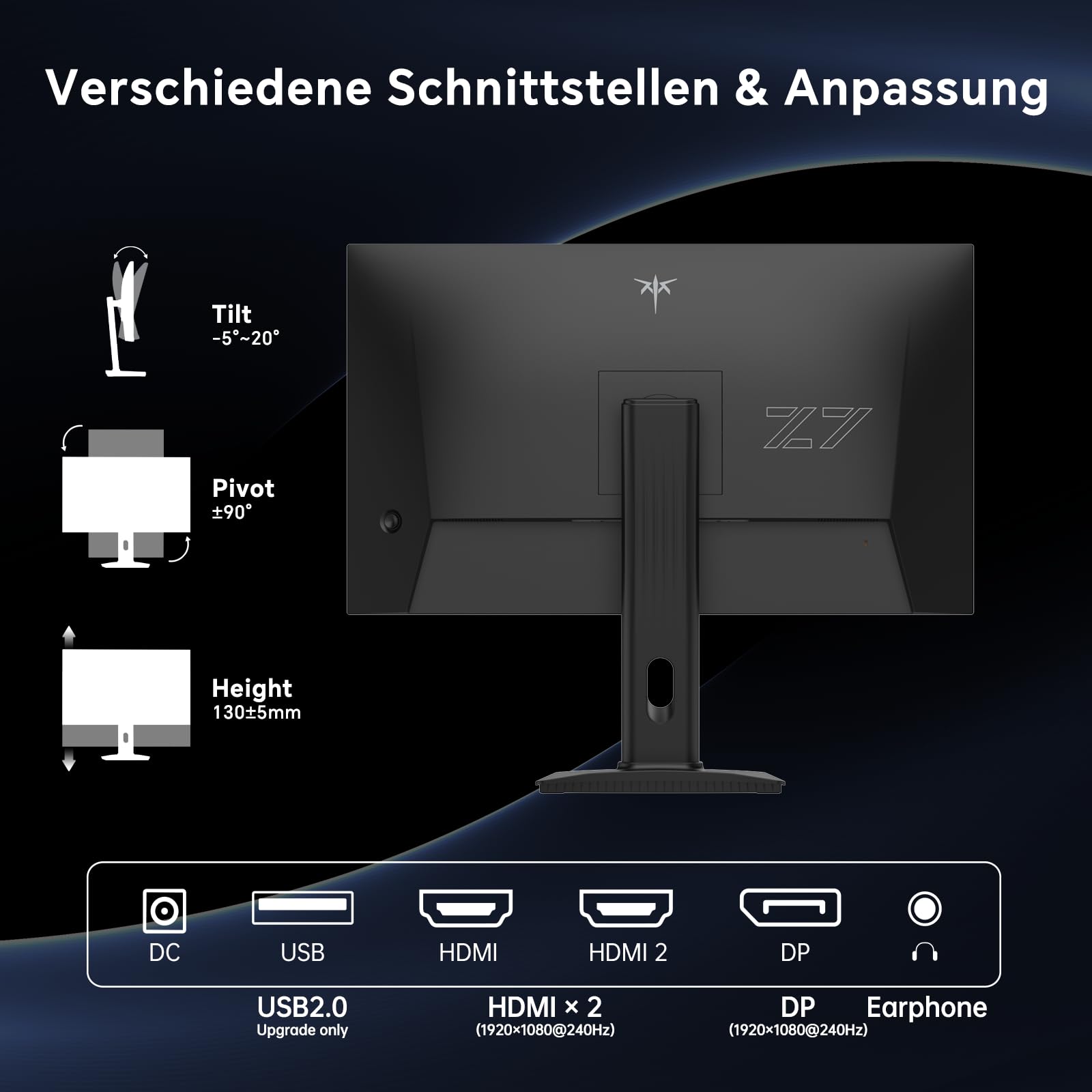 KTC 27 Zoll Gaming Monitor, FHD 1920×1080, 240Hz, Fast IPS, 1ms MPRT, Adaptive Sync, HDR10, 350 cd/m², 99% sRGB, 97% DCI-P3, ΔE<2, Höhenverstellbar, Pivot, VESA, H27F7