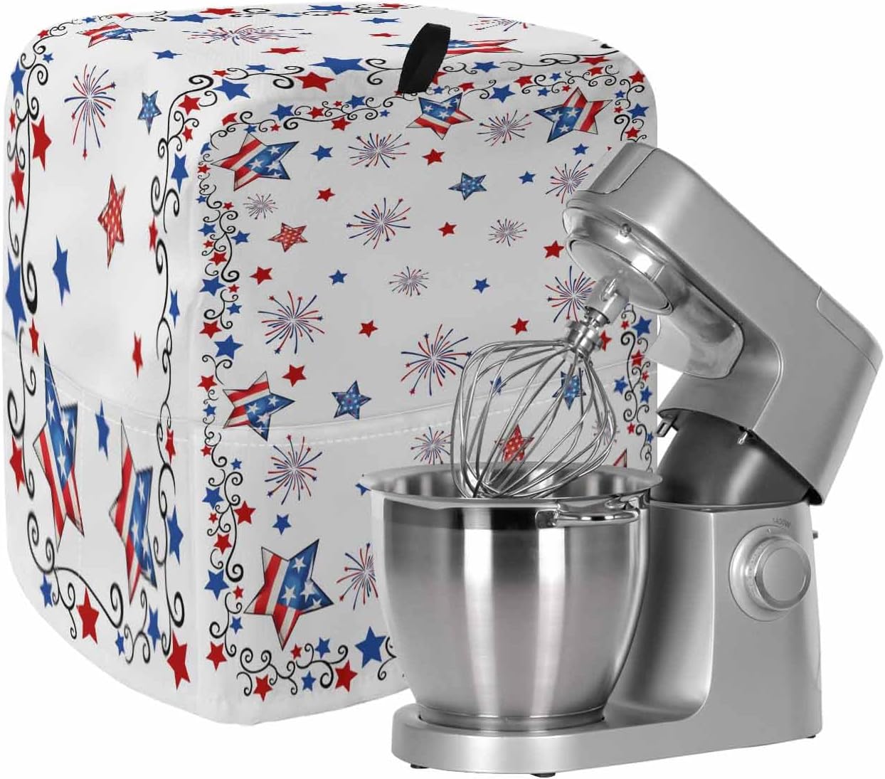 4th of July Stand Mixer Cover with Storage Pocket, Waterproof Kitchen Mixer Covers, Independence Day Blue Red Star Firework Kitchen Appliance Dust Cover Compatible with 5-8 Quart Mixers