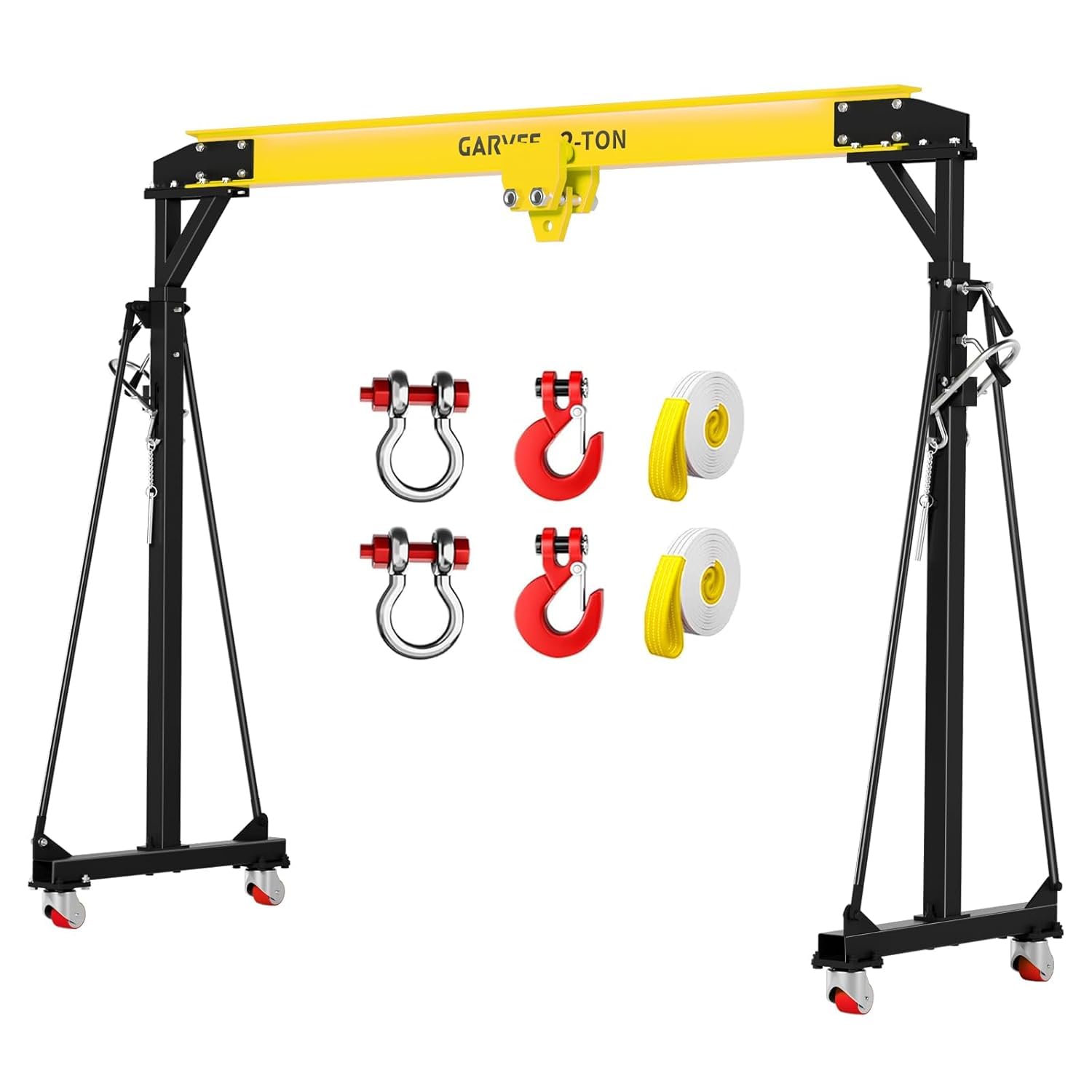 2 Ton Portable Gantry Crane, Heavy Duty Steel Shop Lift with 4 Locking Casters, Adjustable Height, Includes Trolley, 2 Shackles, 2 Hooks & 2 x 13ft Lifting Straps