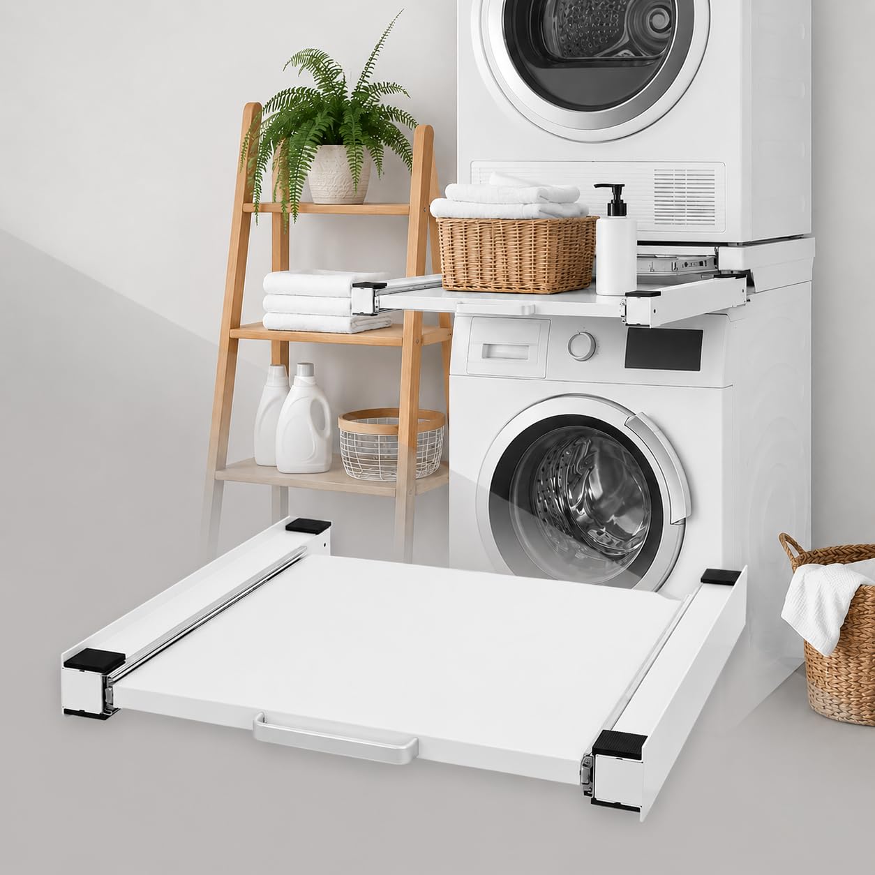 Easy Act Zwischenbaurahmen mit Ausziehplatte 60x60 cm, Waschmaschinen Trockner Verbindungsrahmen aus Stahl, Universal Zwischenbausatz mit Ablage bis 150 kg, Weiß