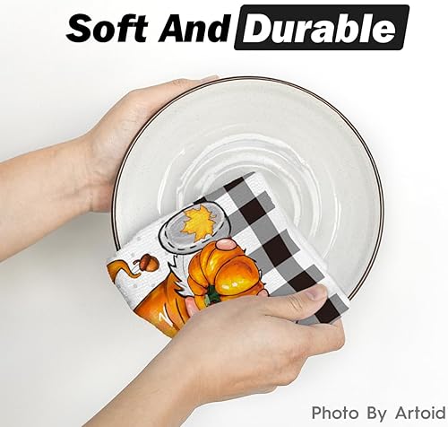 Miniatura 5 de Artoid Mode Juego de 2 toallas de cocina de otoño con diseño de calabaza y gnomo de búfalo, 18 x 26 pulgadas, diseño de hojas de arce estacionales