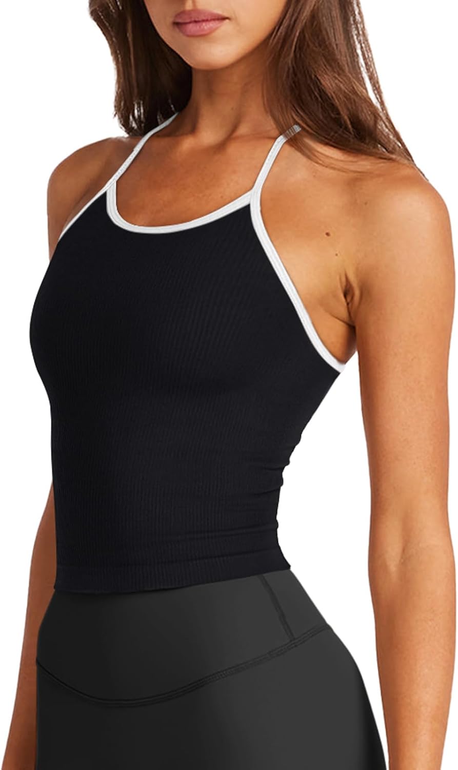 LASLULU Womens Sports Bra Seamless Long Crop Tank Racer Back Spaghetti Strap Workout Yoga Bra Padded Halter Neck Casual Tops - Image 2