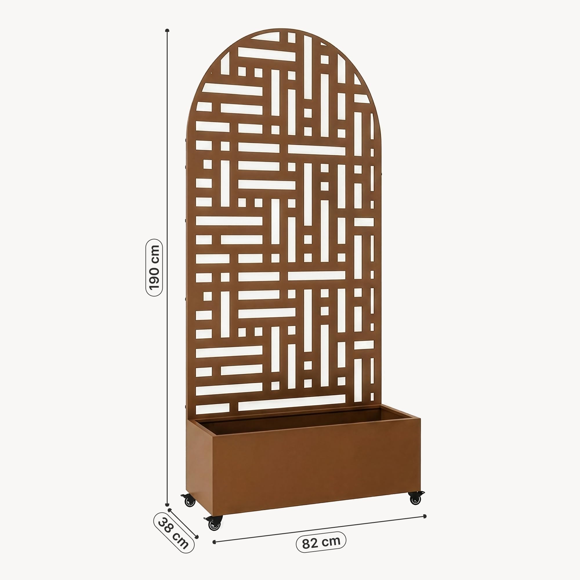 casa.pro Fioriera con Spalliera Arcuata in Acciaio 190x82x38 cm Marrone | Zincato Pannello Divisorio Decorativo Portapiante a Rotelle Separè Privacy Ruote da Interno Esterno Giardino Terrazza
