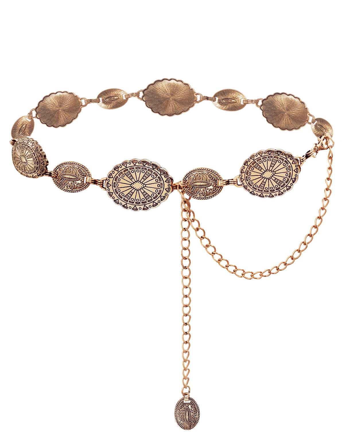 Western Belts for Woman Concho Belt Boho Metal Cowgirl Chain Belts for Dress Jeans Country Concert Outfit, Length 49" (32"+extended chain 17"), Highly Polished Alloy