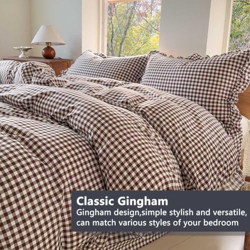 Image of NSNLGSGC Mocha Ruffle Gingham Comforter Set King, Pre-Washed Ruffled Coffee Plaid Checked Comforter Bedding, 3 Pieces Vintage Farmhouse Grid Bedding Set(Mocha Gingham, King)