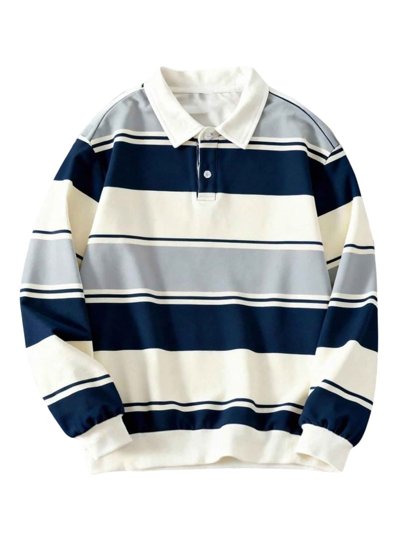 SHENHE Men's Striped Collared Sweatshirt Loose Rugby Shirt Preppy Pullover | Drop Shoulder