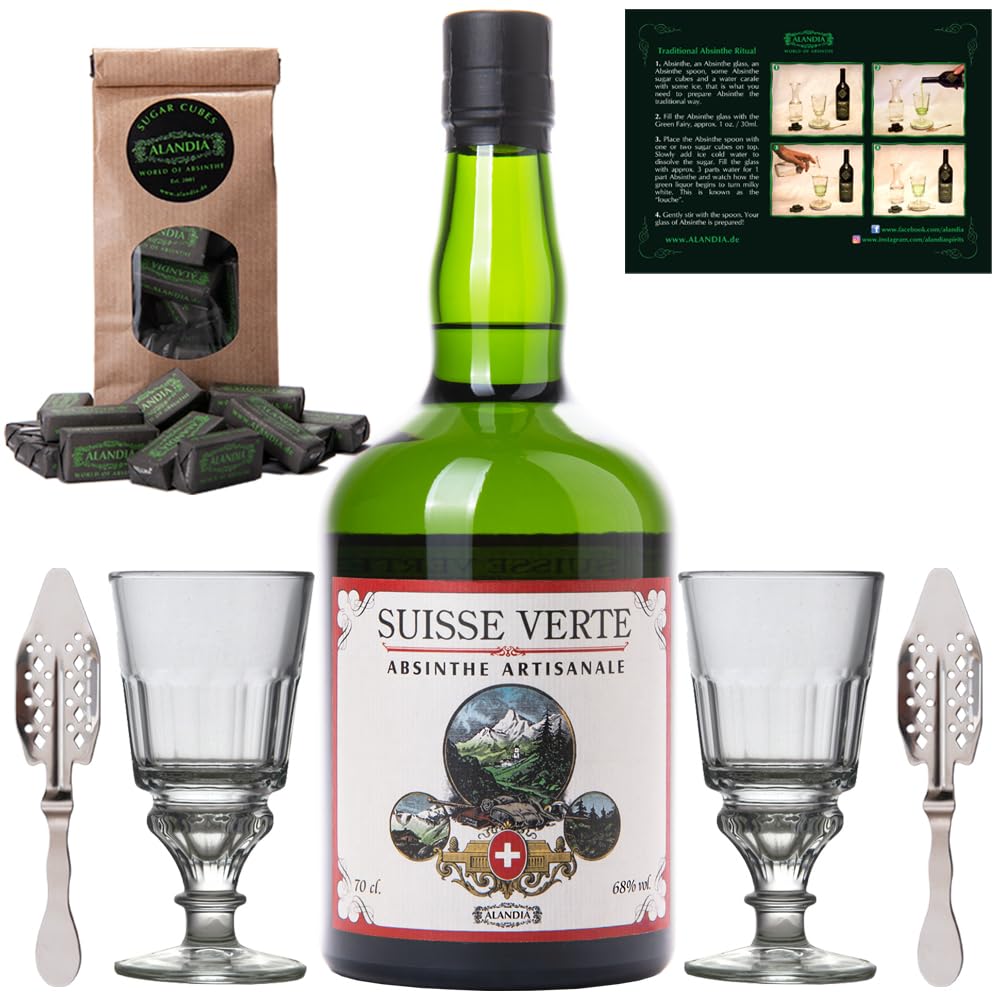 Absinth Set Suisse Verte von ALANDIA | 1x Schweizer Absinth | 2x Reservoir Gläser | 2x Edelstahl Löffel | 1x Zuckerwürfel