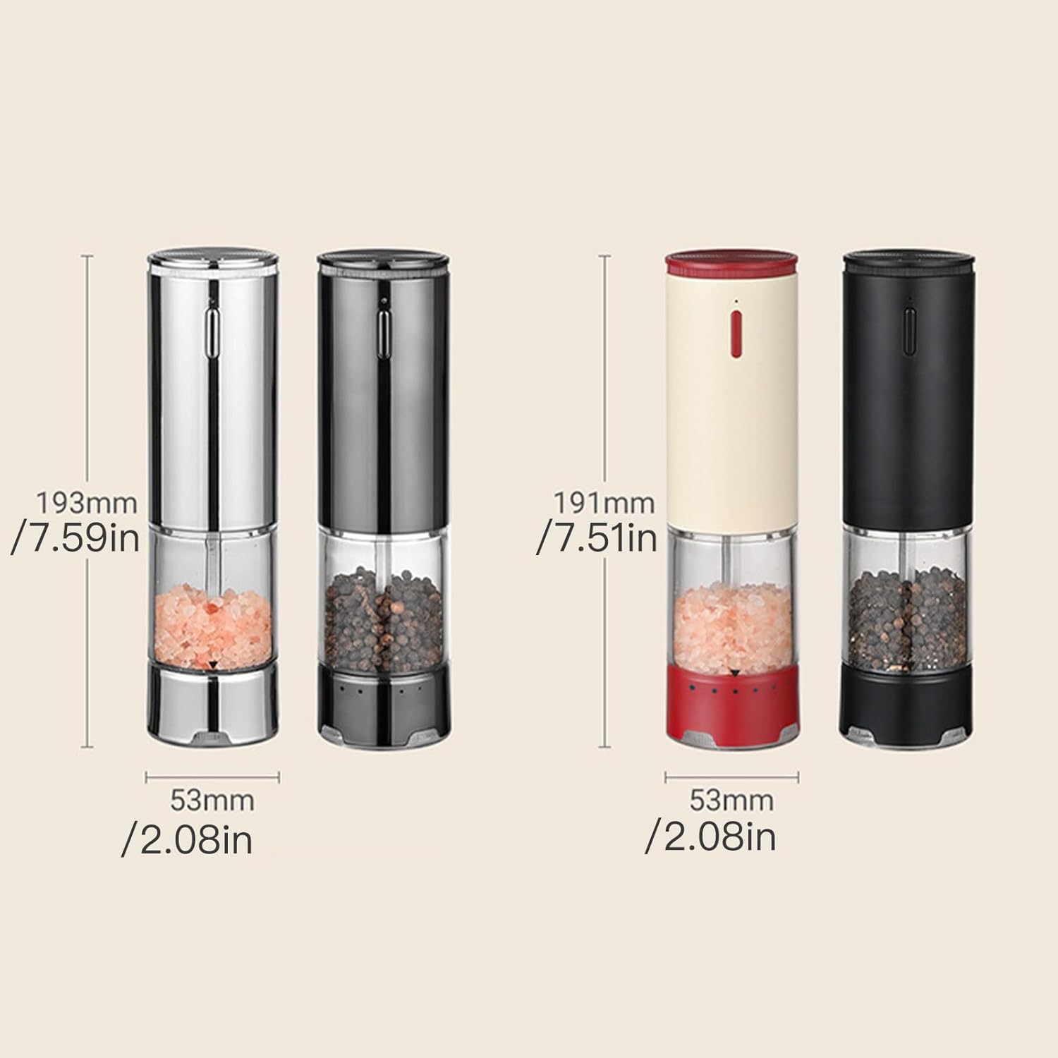 Electric Grinder, Adjustable Type-C Rechargeable with Ceramic Core for Spices Pepper(2 pack,silvery)