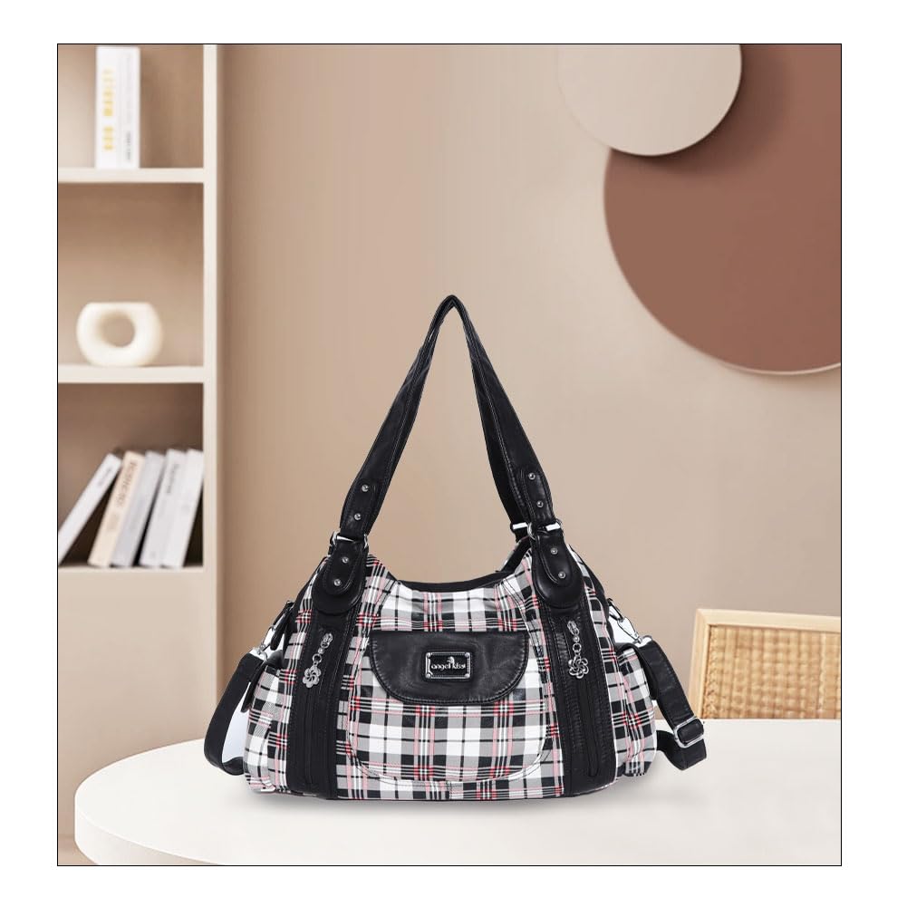 Hobo, borsa da donna spaziosa a tracolla con tasche multiple, in similpelle, Nero (Bb Ak812-5g#1894#7#bianco/nero), Large