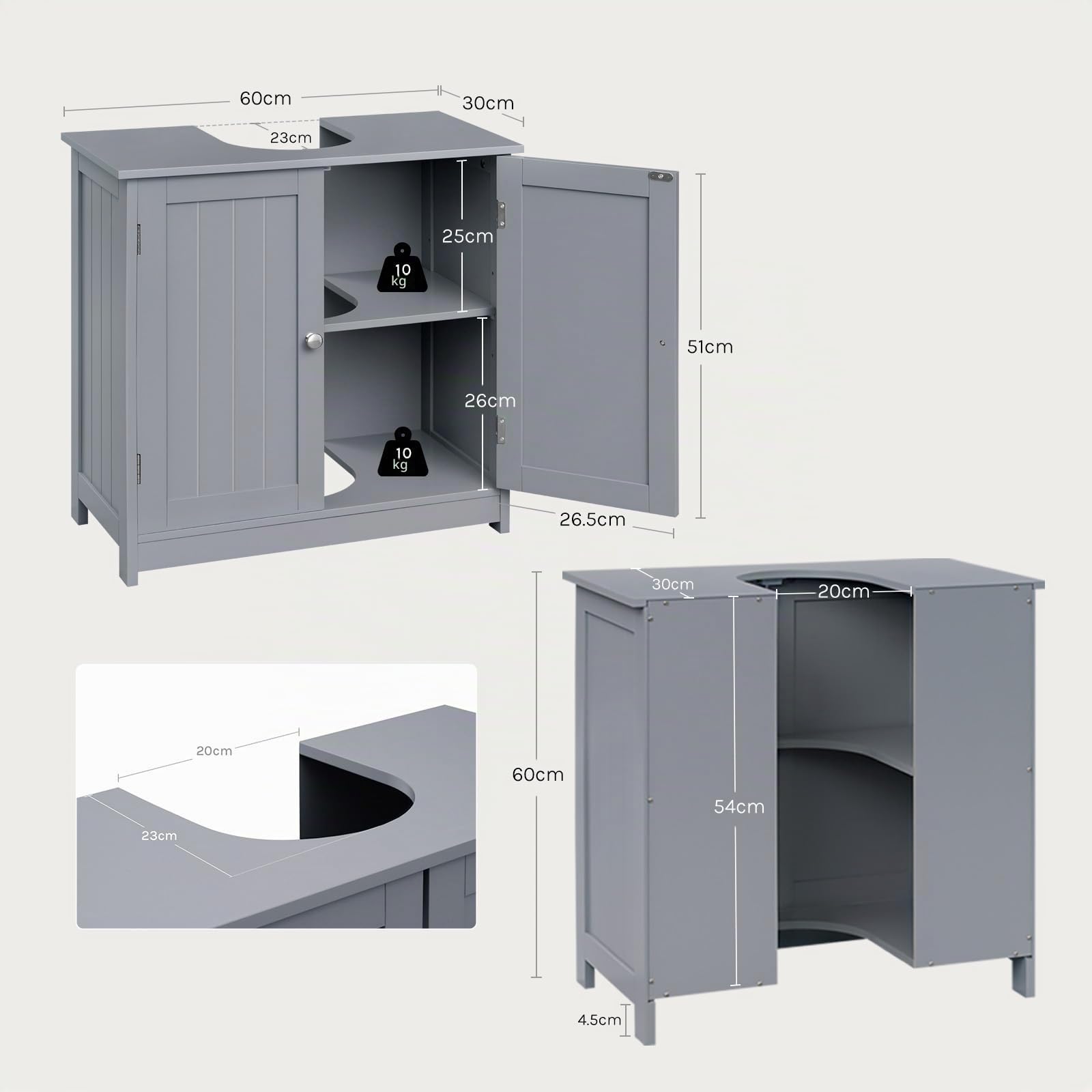 WOLTU Mueble para Debajo del Lavabo Madera, 2 Puertas para Cuarto de Baño 60x60x30cm, Gris