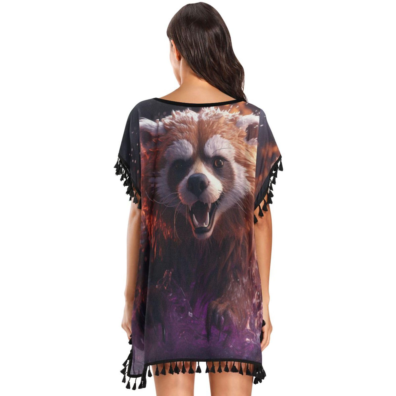 Angry Red Panda Purple Fire Women's Beach Cover Up Chiffon Tassel Swimwear Swimsuit Coverups for Girl