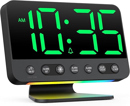 Digital Alarm Clock with Large Numbers for Bedrooms: Bold Display Readable Across The Room with 5 Level Brightness - 5 Alarm Sounds 8 Night Lights for Kids Seniors Teens - Green