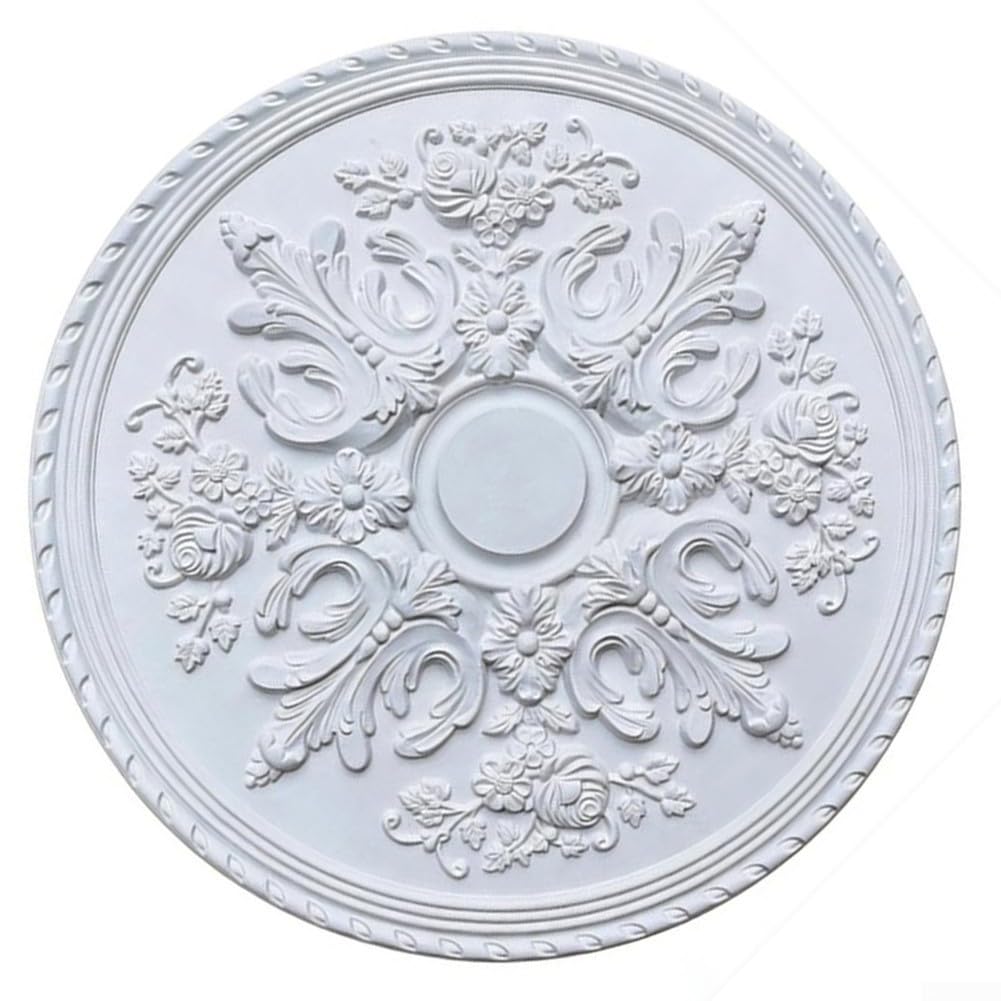 HaloModora Round White PU Ceiling Medallion 60cm Floral Carved Design Chandelier Base for Living Spaces Decor