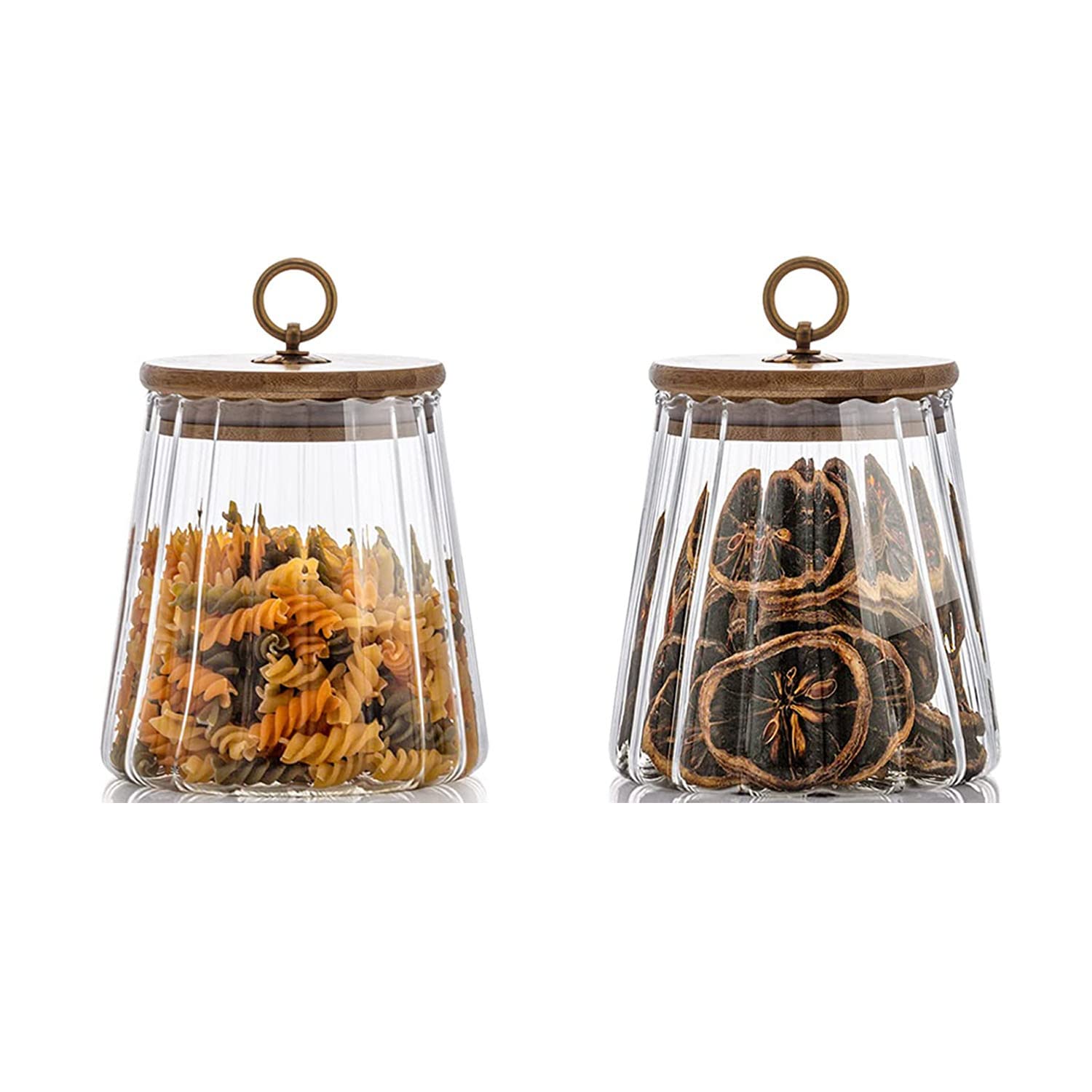 TAPIT Glass Storage Jars with Airtight Lids, Decorative Coffee Bar Container with Airtight Bamboo Lid Metal Ring Canisters Sets for Home Kitchen Storing Candy, Cookie, Nuts, Oatmeal (Taper, 2pcs)