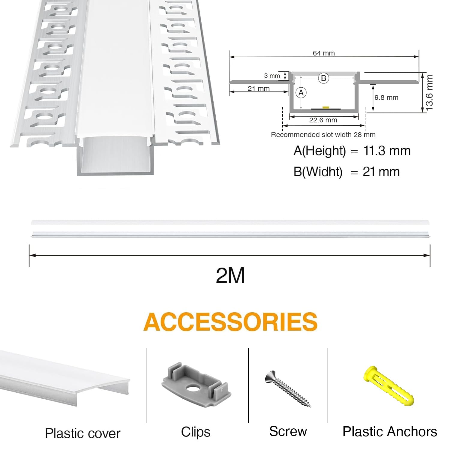 LED Aluminium Profil für Trockenbau 2 m (Gesamt 12 m), Led Schiene mit Endkappen für led Streifen bis 20mm, Gipskarton Profil mit Diffusor - 2000 x 64,2 x 13,8 mm