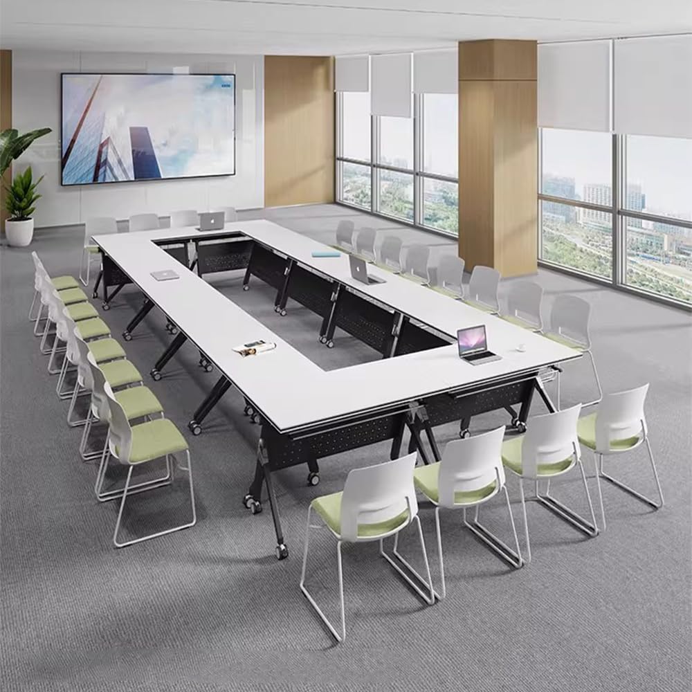 Tavolo da conferenza pieghevole con piano in legno e pannello privacy design modulare per uffici e aule con ruote bloccabili telaio in acciaio postazione di lavoro salvaspazio