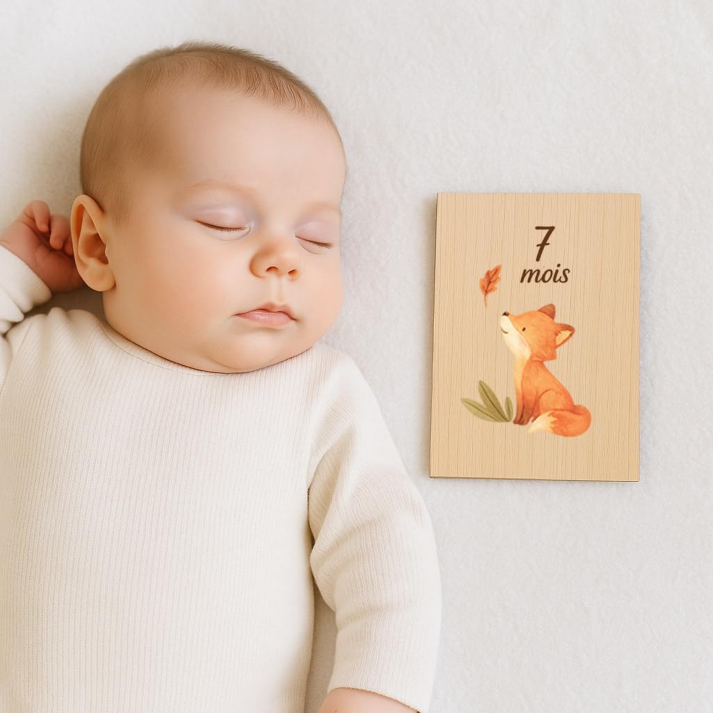 Cartes étapes bébé originale bois recto verso – Lot 12 mois – Motif renard – Accessoire photo naissance, baby shower et cadeau de naissance original pour suivre la croissance de bébé fille ou garçon