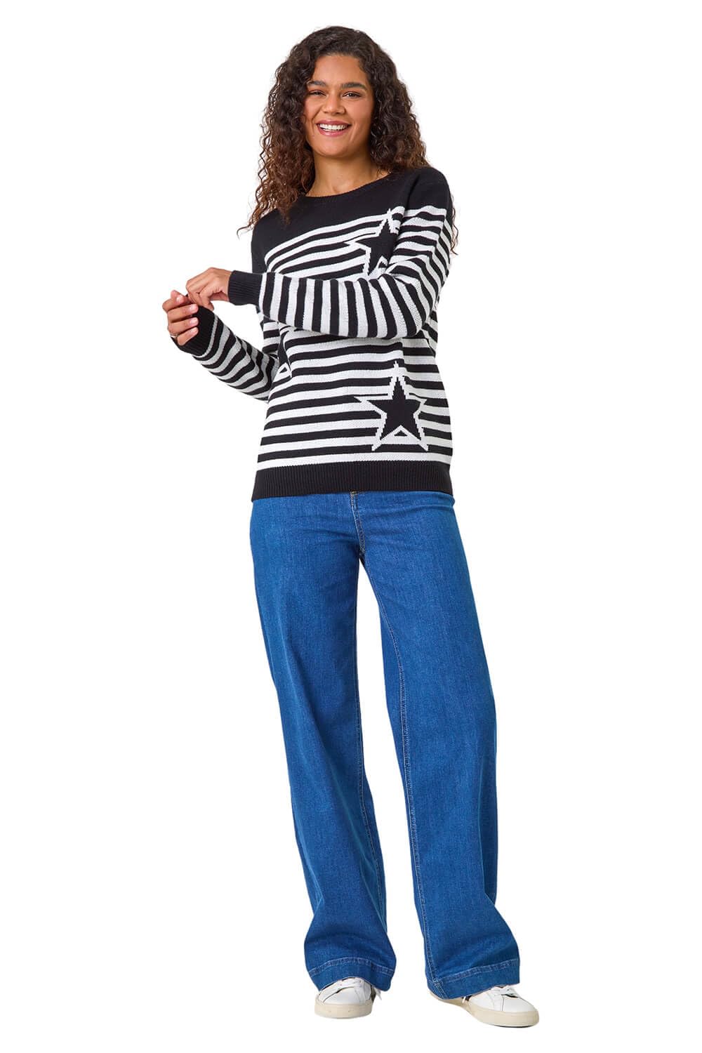 Roman Women's Black Star Stripe Crew Neck Knit Jumper Size 14