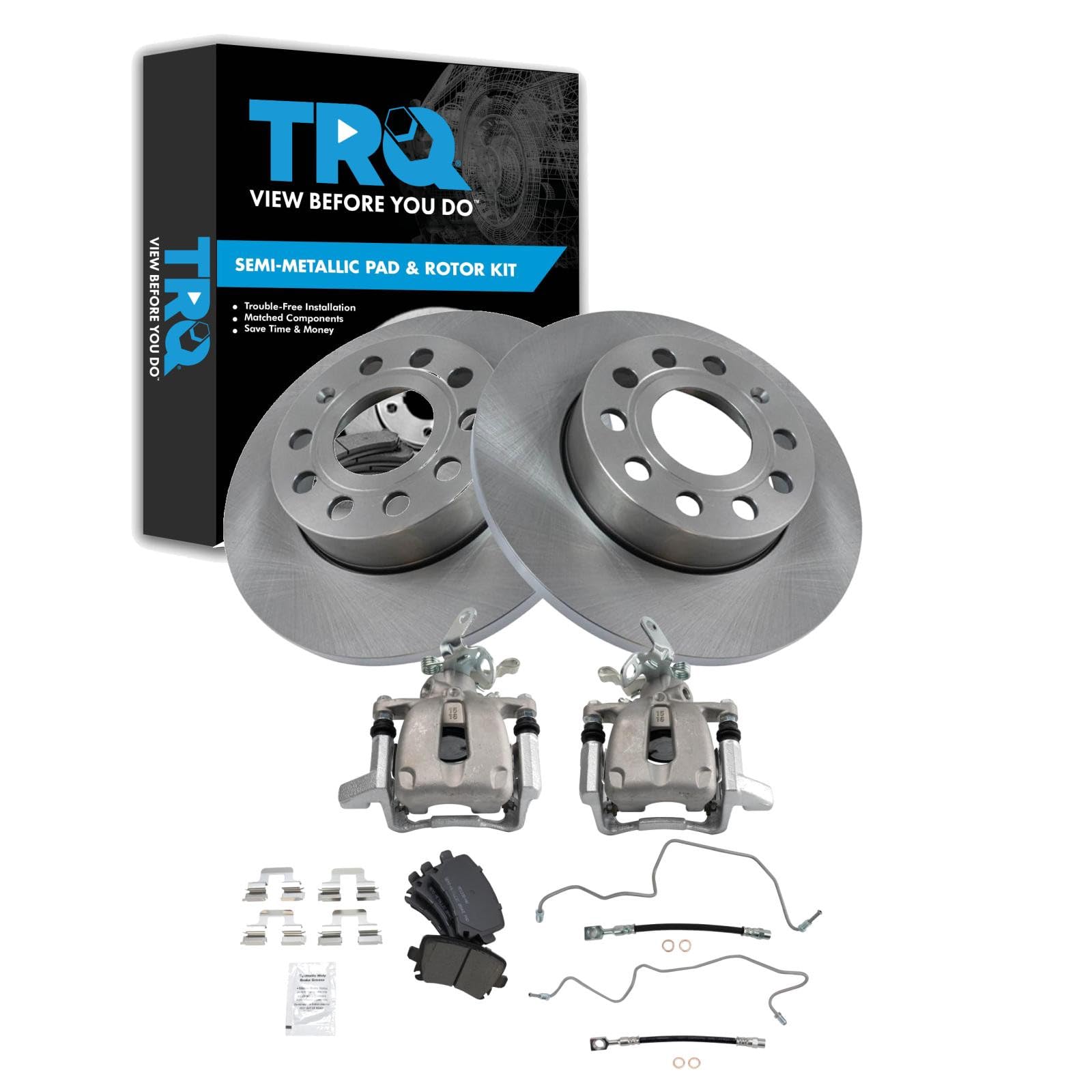 TRQ Rear Brake Pad and Rotor Set Semi Metallic 260mm Rotors Calipers Compatible with 2005 Volkswagen Jetta