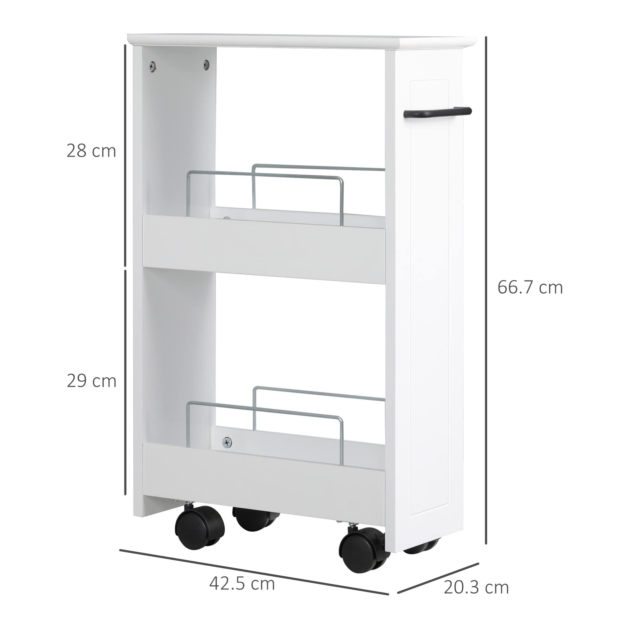 kleankin Carrello da Cucina Salvaspazio, Carrello da Bagno di Design, Multiuso, Salvaspazio, Scaffale in Legno MDF, Ruote Girevoli e Maniglia, 42.5x20.3x66.7cm, Bianco
