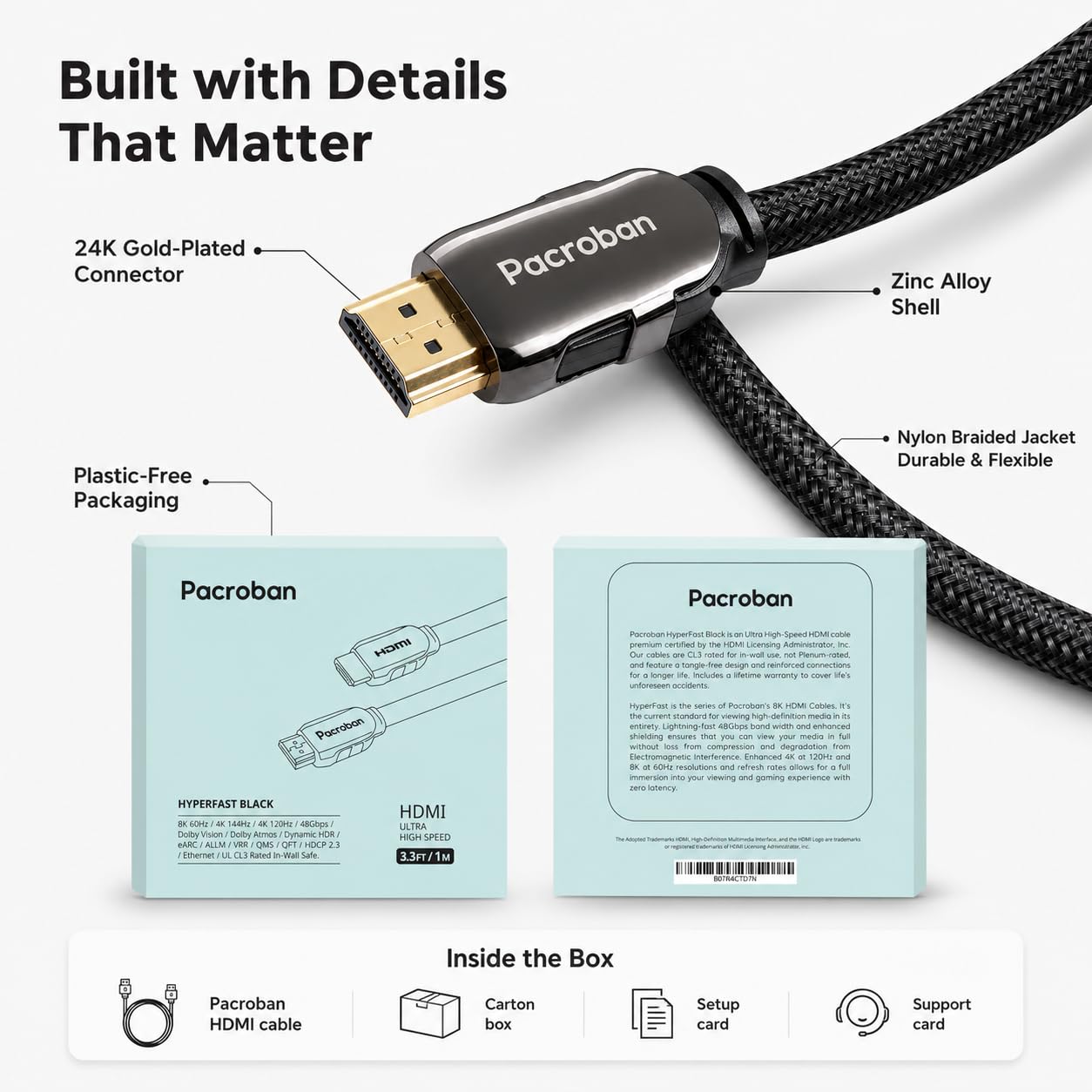 Pacroban Cable Trenzado HDMI 2.1 de 8K (6 pies) Admite Velocidad Ultra Alta de 48 Gbps, 8K 5K 4K 1080p a 120Hz 60Hz, HDR dinámico, Dolby Vision, Dolby Atmos