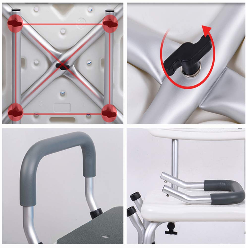 Médico Ensamblaje Sin Herramientas Silla de Ducha,Taburete de Baño de Regulable en Altura con Respaldo y Reposabrazos,para Ancianos y Discapacitados(Blanco/Aluminio)