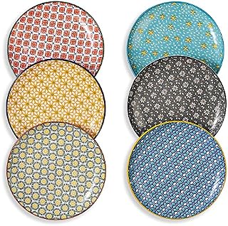 Dessert Plates Set Ceramic Plate - Porcelain Appetizer Salad Plates 8 inch - Flat Kitchen Colorful Plate with Pattern for Breakfast | Lunch | Dinner - Microwave | Oven | Dishwasher Safe - Set of 6
