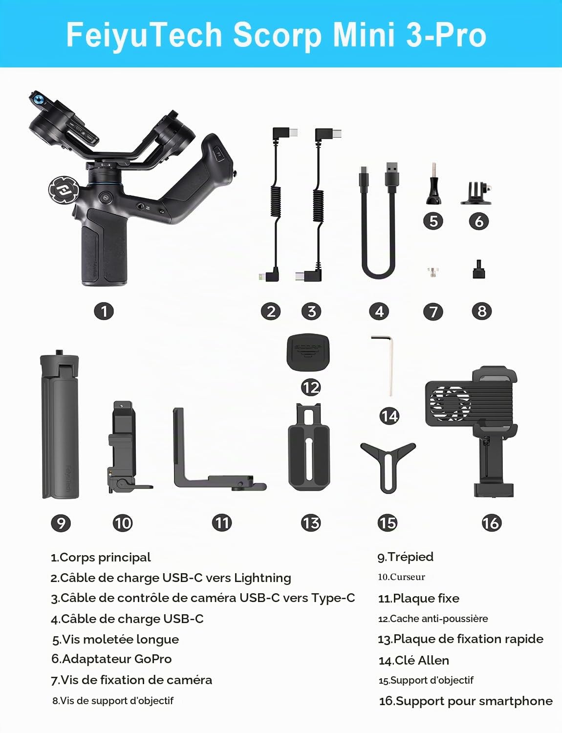 FeiyuTech SCORP Mini-3-Pro 4-en-1 Cardan Stabilisateur 3-Achsen,pour Appareil Photo/Smartphone/Caméra d'action, Suivi IA Intégré, Poignée de Commande Détachable, Charge Utile de 2 kg