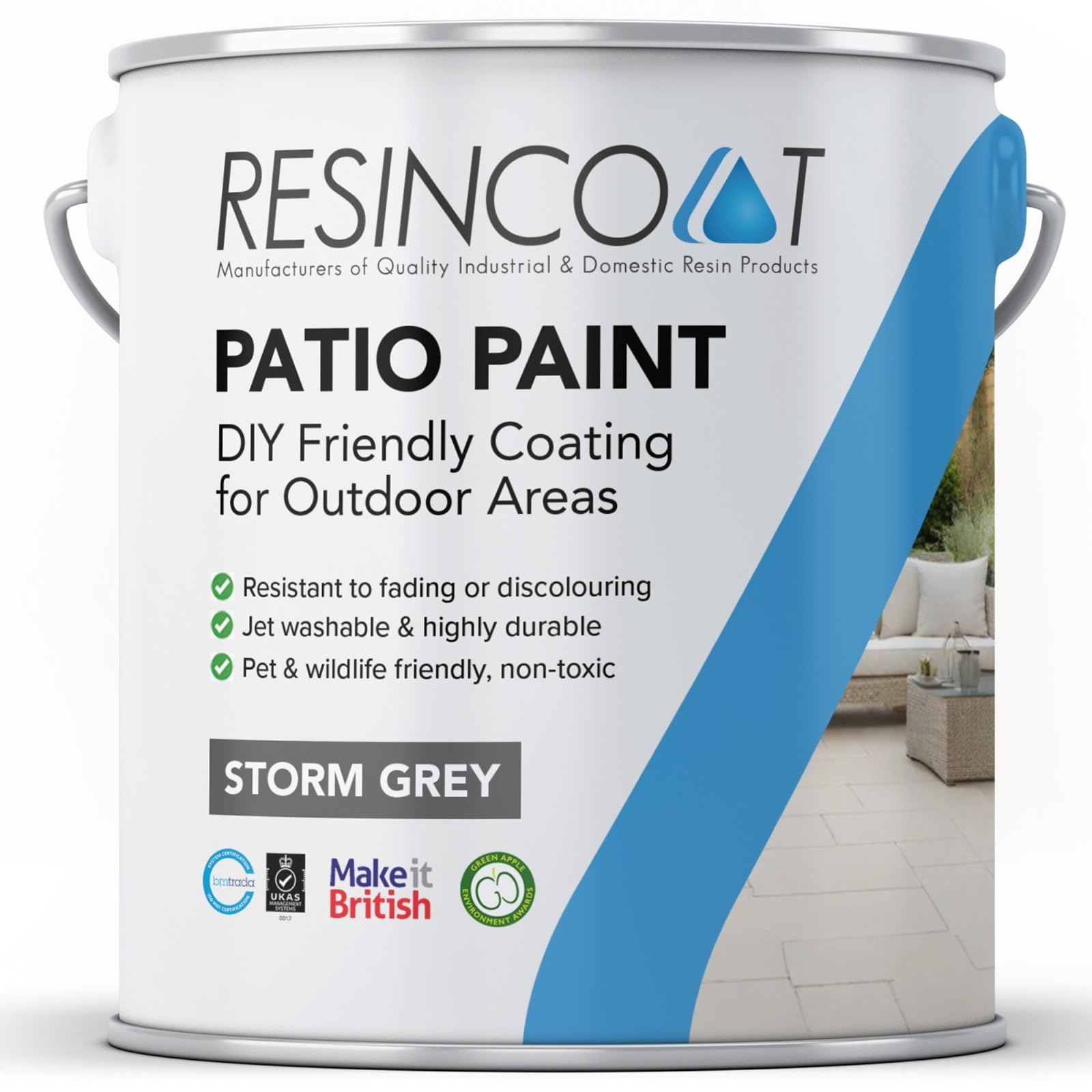 Resincoat Outdoor Patio Paint, UV and Weather Resistant Paint, Easy to Apply Matte Finish Concrete Paint for Slabs & Flags, Buy Direct from the UK Manufacturer, Storm Grey Paint, 5KG