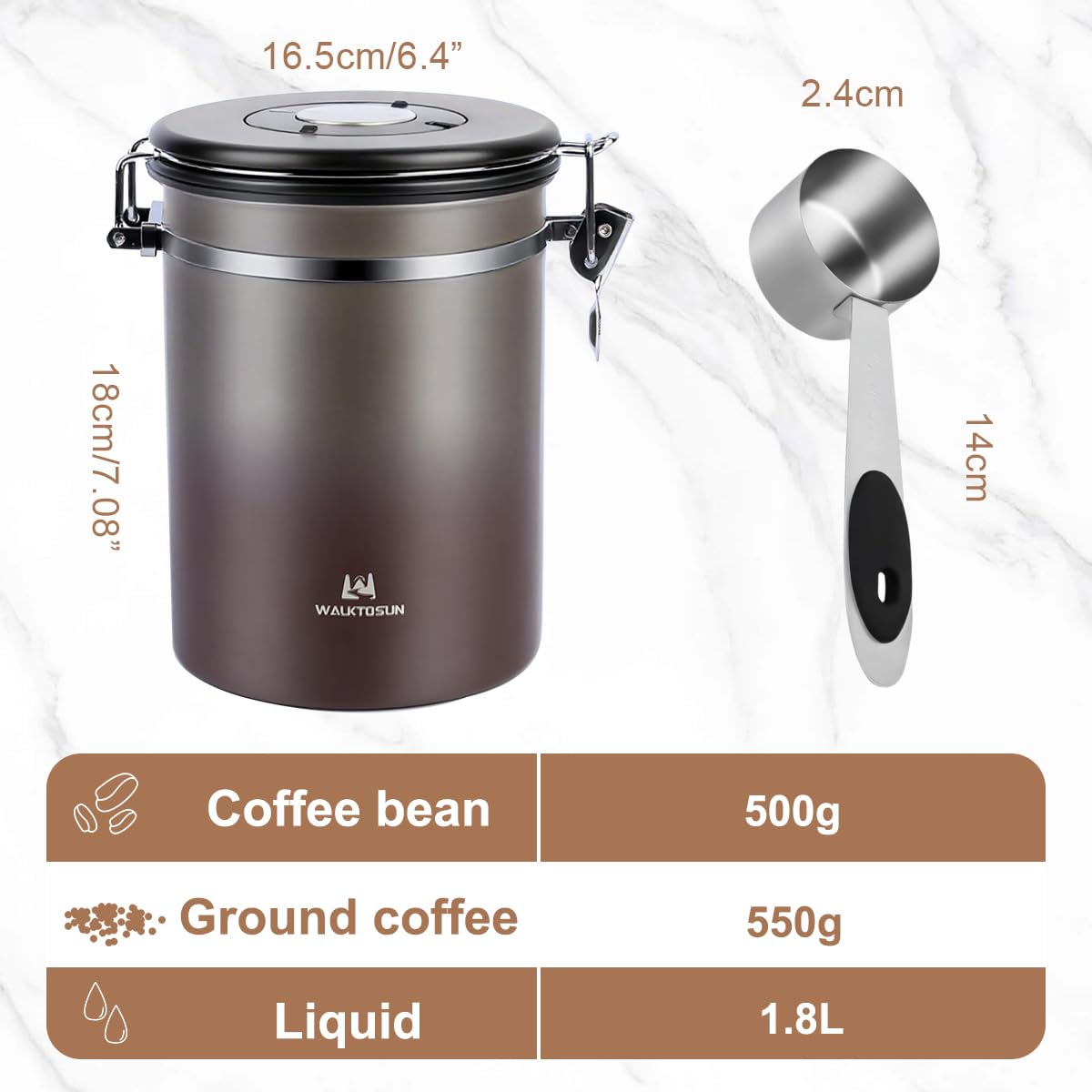 Luftdichte Edelstahl Kaffeedose, Vakuum Kaffeebehälter Kaffeebohnen Vorratsbehälter mit Datumsverfolgung, CO2-Freigabeventil und Messlöffel, für Tee Nüsse Kakao Frisch 1,8L (2er Set - Grau Braun)