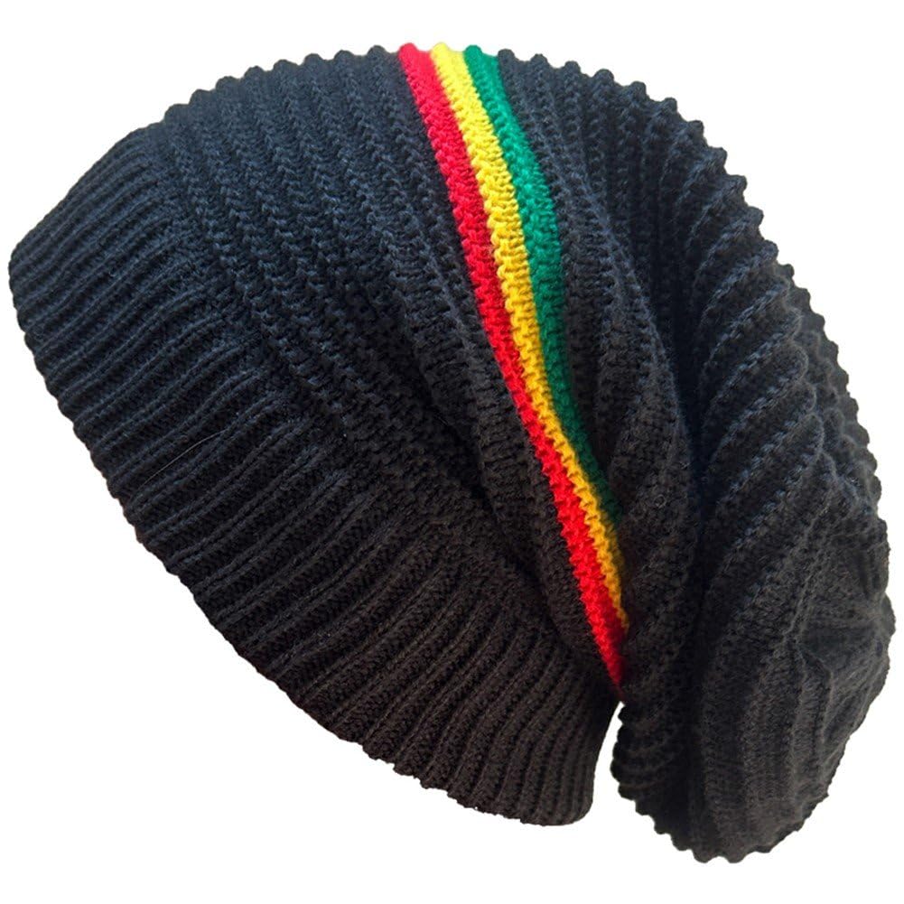 Baokuan Women's Single Ring Fashion Jamaican Reggae Cap Multi-Colour Striped Rasta Hat Slouchy Baggie Beanie Skullies Gorro Rasta