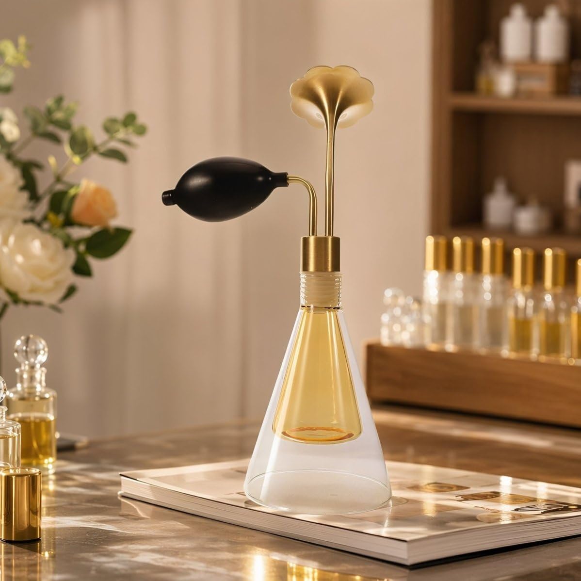 Retro Szklany Atomizer Do Perfum z Mosiężnym Kwiatowym Dozownikiem i Pompką Wielokrotnego Napełniania Idealny Do Testowania Aromatów Spa i Salonów Precyzyjny Dyfuzor Zapachów