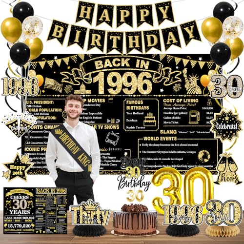 30th Birthday Decorations for Him Black and Gold Party Supplies Kit